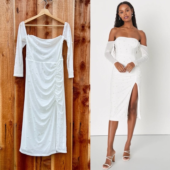 White Mesh Pearl Off-The-Shoulder Bodycon Midi Dress🌿 - Picture 1 of 9
